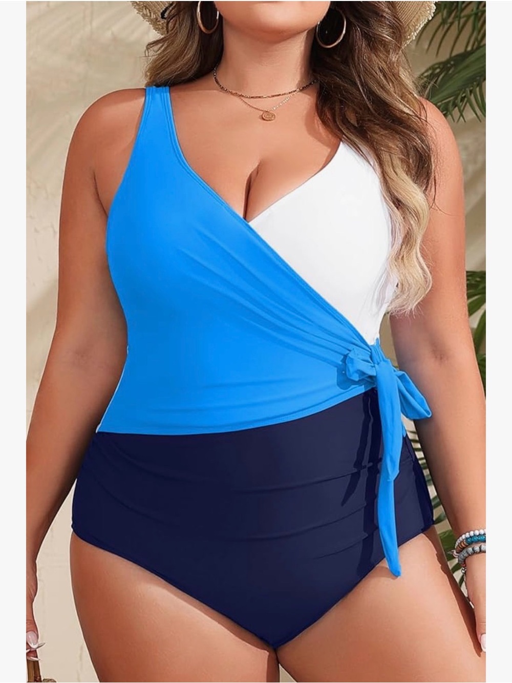 Amazon Blue White Navy Wrap One-Piece Swimsuit